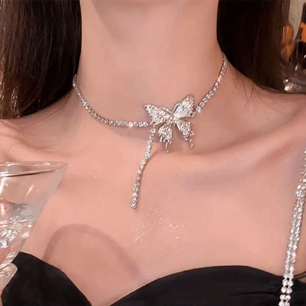 Diamond Butterfly Tassel Choker Necklace